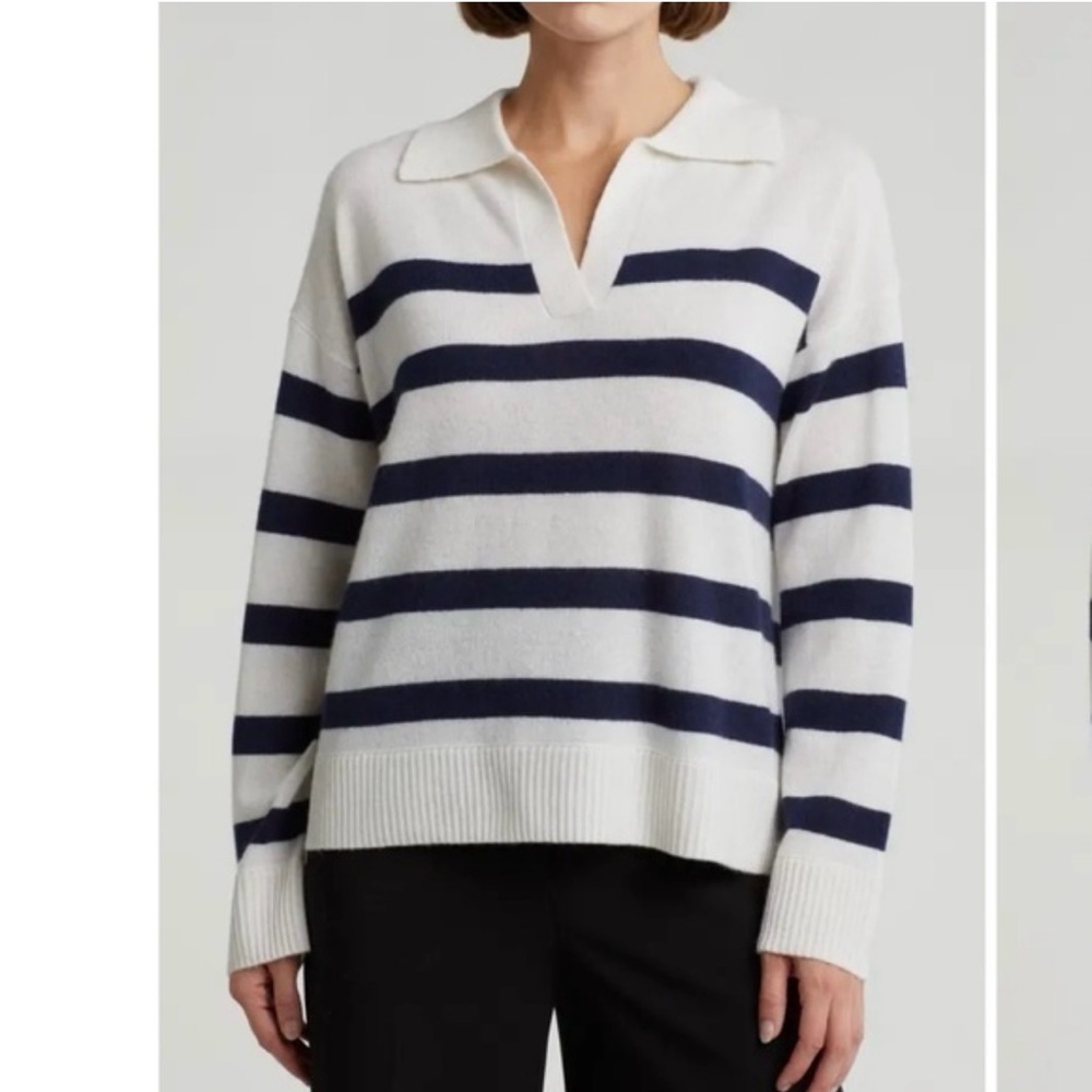 MAX STUDIO Black White Striped Collared V Neck Sweater XS GUC $78